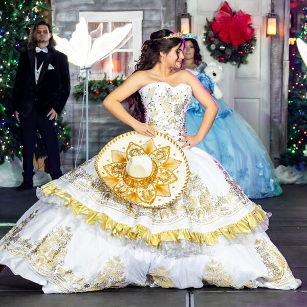 White and Gold Quinceanera Gown